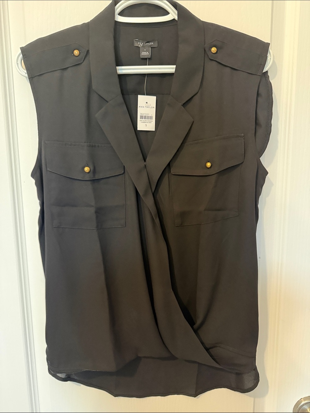 Ann Taylor Sleeveless Draped Front Blouse in black with Gold Buttons